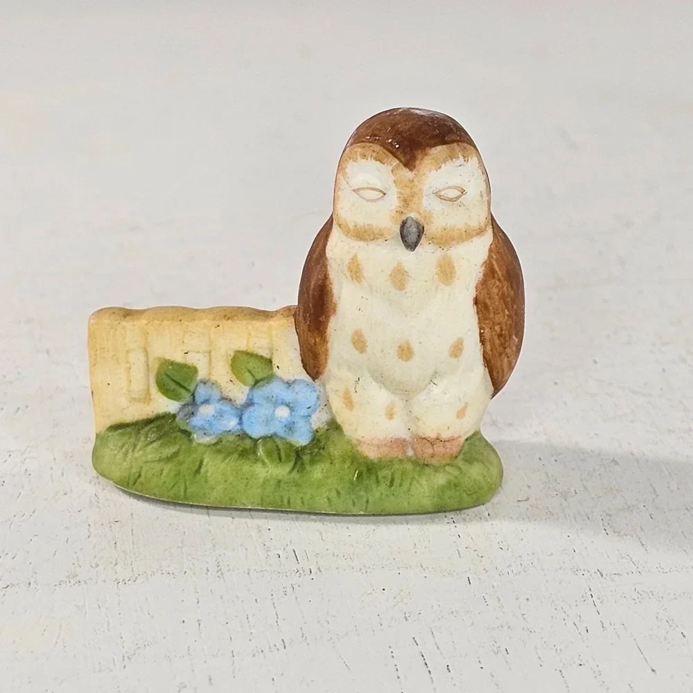 Vintage Schmid Owl Miniature Figurine 1990 Bird Fence Flowers